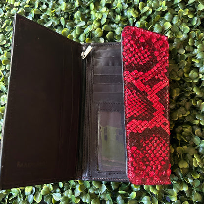 Women’s Python Large Leather Wallet (3-Fold) – Red – Handcrafted in Palm Beach, Florida
